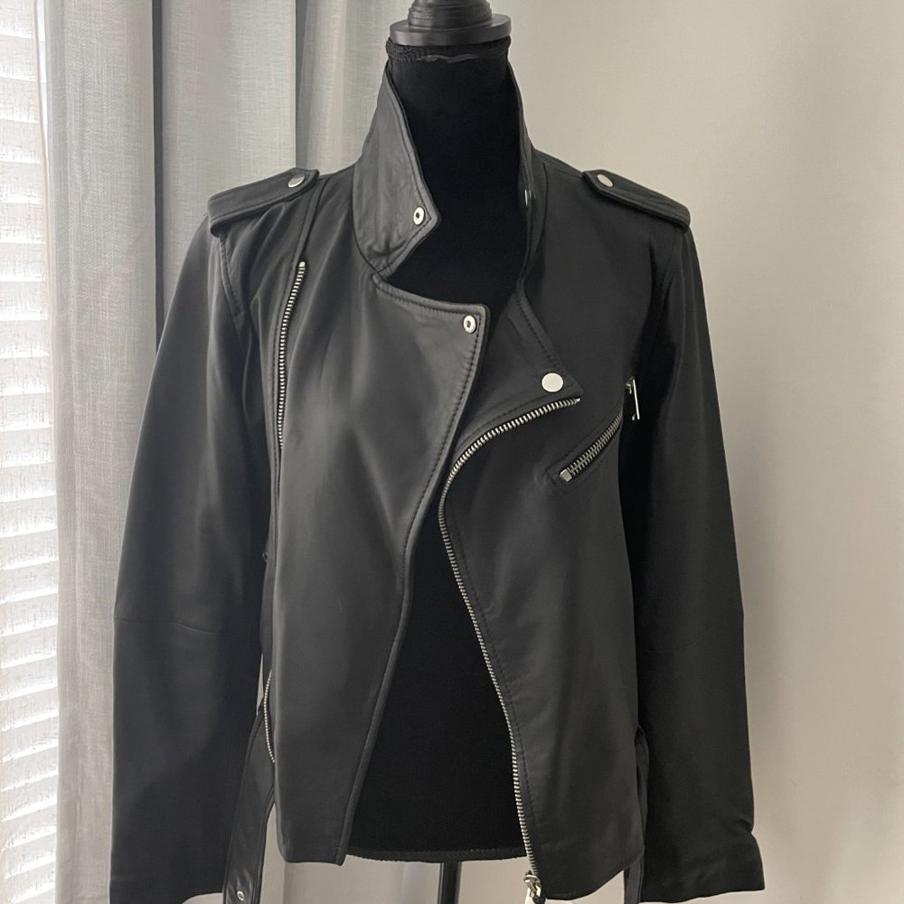 NWT Barney's Originals Black Leather Biker Jacket Size 16 (actual fit is L)